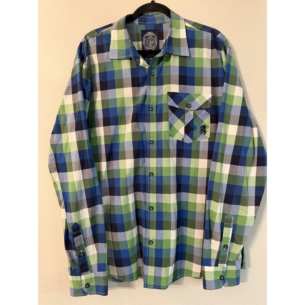 Ecko Unltd. Men's Size  XL‎ Button Up Cotton Shirt Blue, Green, White Plaid Logo